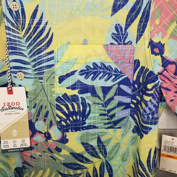 IZOD Mens S Short Sleeve Cotton Floral Hawaiian Button Up Shirt Yellow Blue Pink - Picture 4 of 12